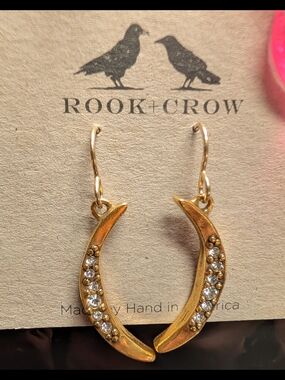 Gold Crescent Earrings with Crystal Accents